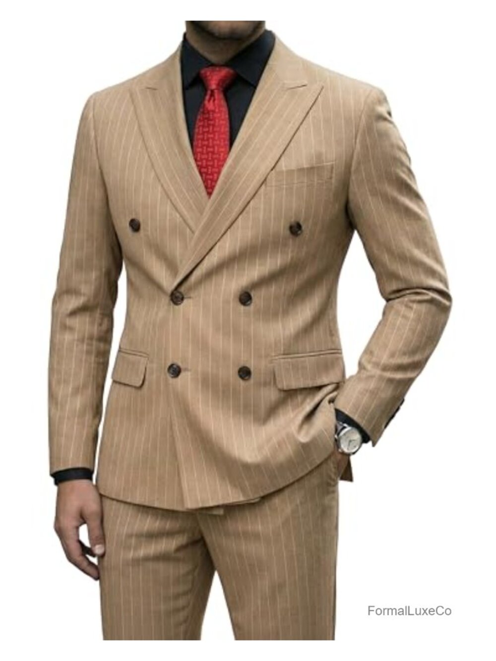 Slim Fit 2-Piece Double-Breasted Stripe Suit Set with Tie for Men
